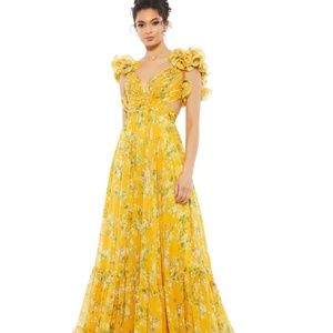 Mac Duggal Yellow Ruffle Floral Chiffon Gown